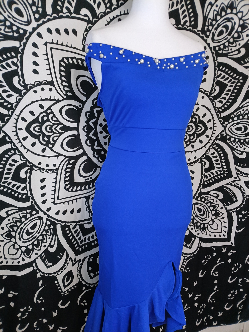 Off-the-Shoulder Royal Blue Midi Dress with Pearl Trim - Picture 3 of 5